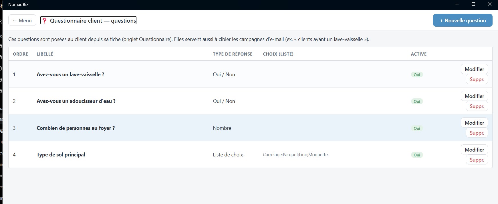 Écran de paramétrage des questionnaires clients
