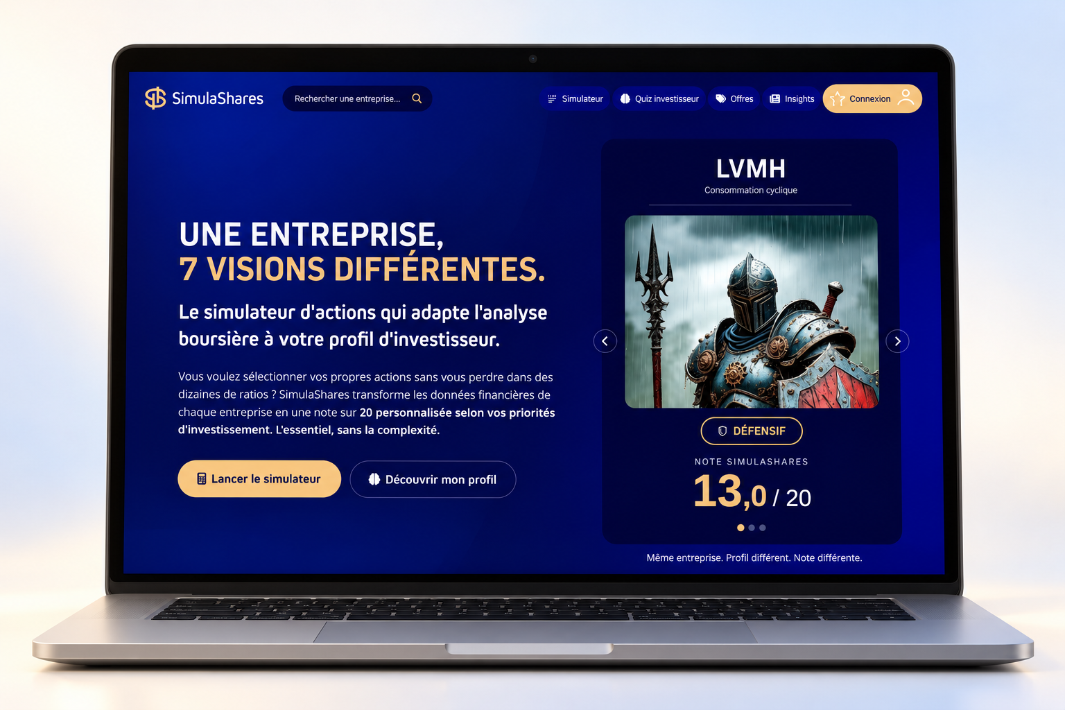 Interface du simulateur SimulaShares : personnalisation des critères financiers et comparaison des entreprises cotées.